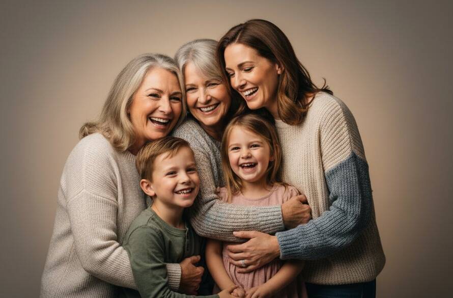 A heartwarming and dynamic multi-generational family portrait taken in a Bulleen professional studio. Grandparents, parents, and children are captured mid-laughter, their genuine joy and connection beautifully illuminated by dramatic, soft studio lighting. The image, showcasing expert colour grading and deep shadows, embodies the spirit of Bulleen professional studio photography for family portraits, creating a stunning, cinematic family heirloom.