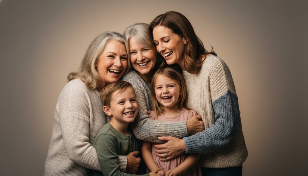 A heartwarming and dynamic multi-generational family portrait taken in a Bulleen professional studio. Grandparents, parents, and children are captured mid-laughter, their genuine joy and connection beautifully illuminated by dramatic, soft studio lighting. The image, showcasing expert colour grading and deep shadows, embodies the spirit of Bulleen professional studio photography for family portraits, creating a stunning, cinematic family heirloom.