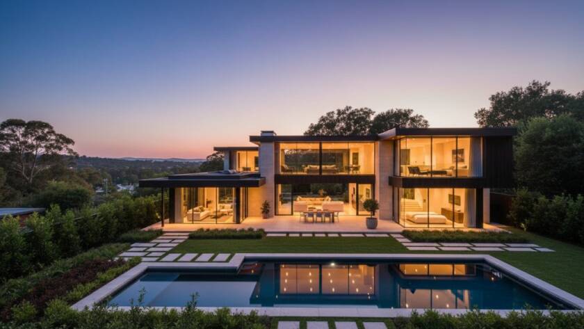 An epic, dramatically lit photograph showcasing a modern, luxurious family home in Bulleen, Victoria at dusk, expertly captured by Bulleen real estate photography elevating property listings. The image highlights expansive windows, manicured gardens, and an inviting glow from inside, with the Yarra River in the background.
