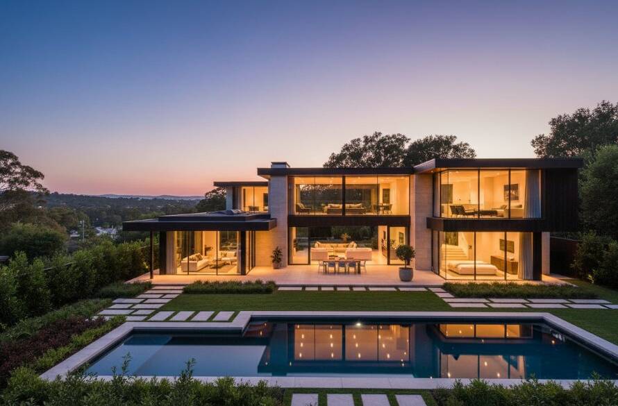 An epic, dramatically lit photograph showcasing a modern, luxurious family home in Bulleen, Victoria at dusk, expertly captured by Bulleen real estate photography elevating property listings. The image highlights expansive windows, manicured gardens, and an inviting glow from inside, with the Yarra River in the background.
