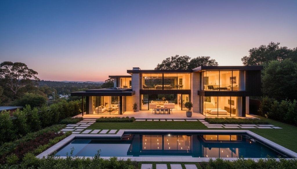 An epic, dramatically lit photograph showcasing a modern, luxurious family home in Bulleen, Victoria at dusk, expertly captured by Bulleen real estate photography elevating property listings. The image highlights expansive windows, manicured gardens, and an inviting glow from inside, with the Yarra River in the background.