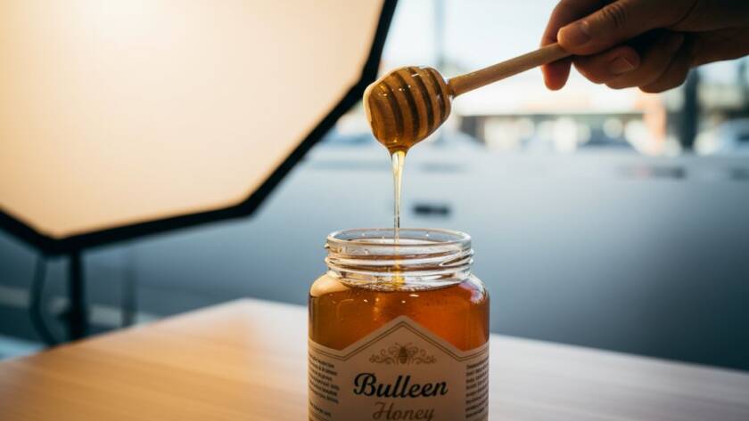 Dramatic shot of a handcrafted ceramic mug being expertly photographed in a modern Bulleen small business product photography studio, with softboxes illuminating its unique texture against a minimalist backdrop, evoking artistry and precision.