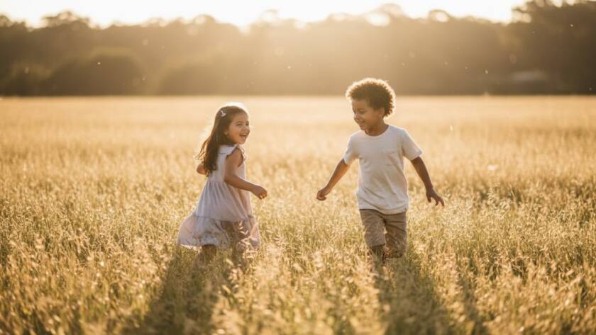 A heartwarming, professional photograph showcasing an 'epic moment' of Bulleen Victoria Candid Kids Photography: two children laughing joyfully amidst the golden hour light in a Bulleen park, captured with dramatic, cinematic flair.