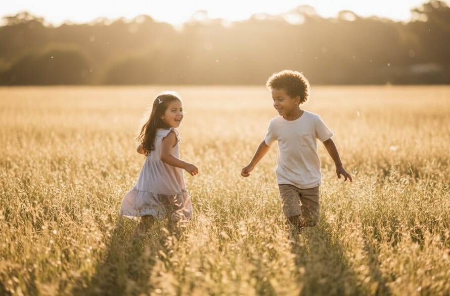 A heartwarming, professional photograph showcasing an 'epic moment' of Bulleen Victoria Candid Kids Photography: two children laughing joyfully amidst the golden hour light in a Bulleen park, captured with dramatic, cinematic flair.