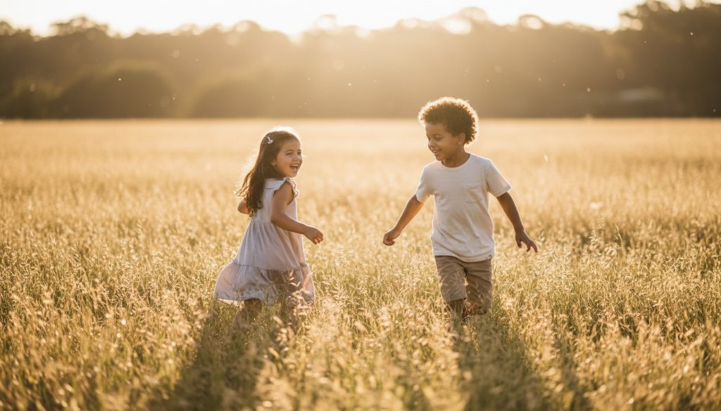 A heartwarming, professional photograph showcasing an 'epic moment' of Bulleen Victoria Candid Kids Photography: two children laughing joyfully amidst the golden hour light in a Bulleen park, captured with dramatic, cinematic flair.