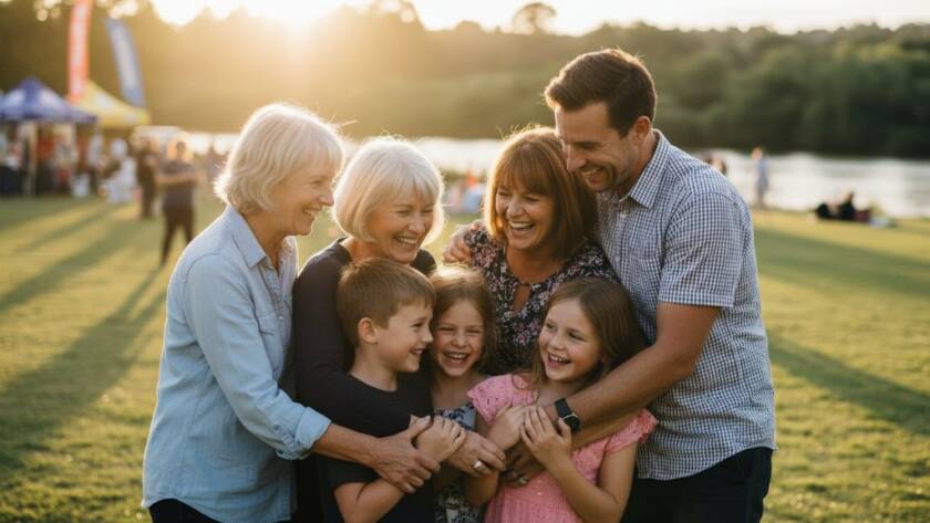 A candid, joyous shot captured by Bulleen Victoria event photography capturing genuine moments, showing guests laughing heartily at a beautifully decorated outdoor celebration near the Yarra River in Bulleen, dramatic golden hour light, professional cinematic feel.