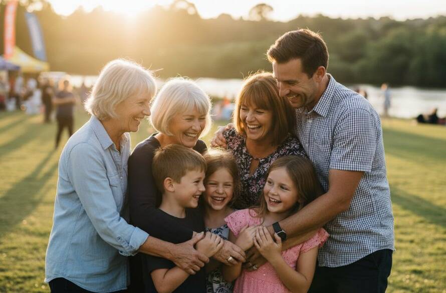 A candid, joyous shot captured by Bulleen Victoria event photography capturing genuine moments, showing guests laughing heartily at a beautifully decorated outdoor celebration near the Yarra River in Bulleen, dramatic golden hour light, professional cinematic feel.