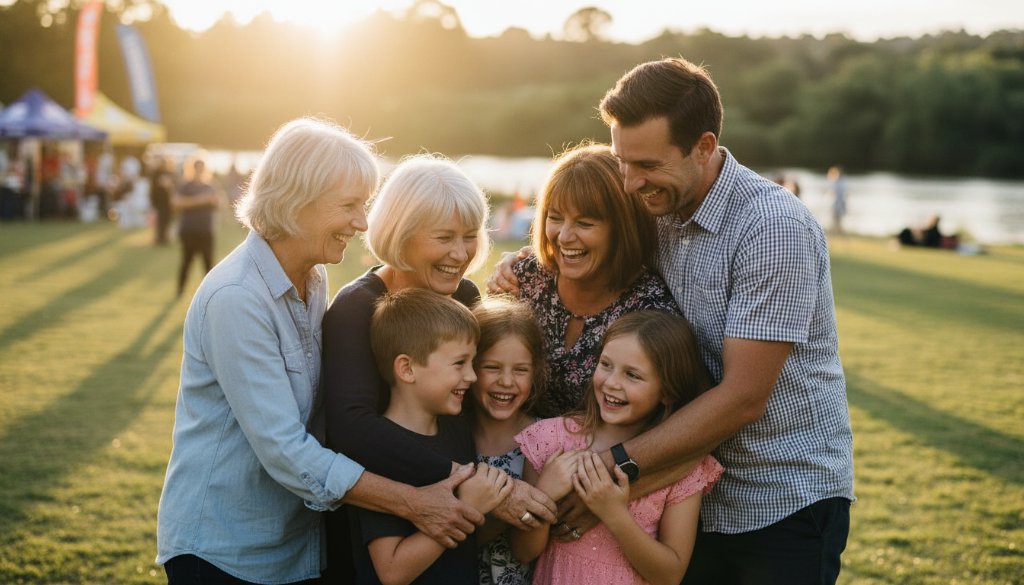 A candid, joyous shot captured by Bulleen Victoria event photography capturing genuine moments, showing guests laughing heartily at a beautifully decorated outdoor celebration near the Yarra River in Bulleen, dramatic golden hour light, professional cinematic feel.