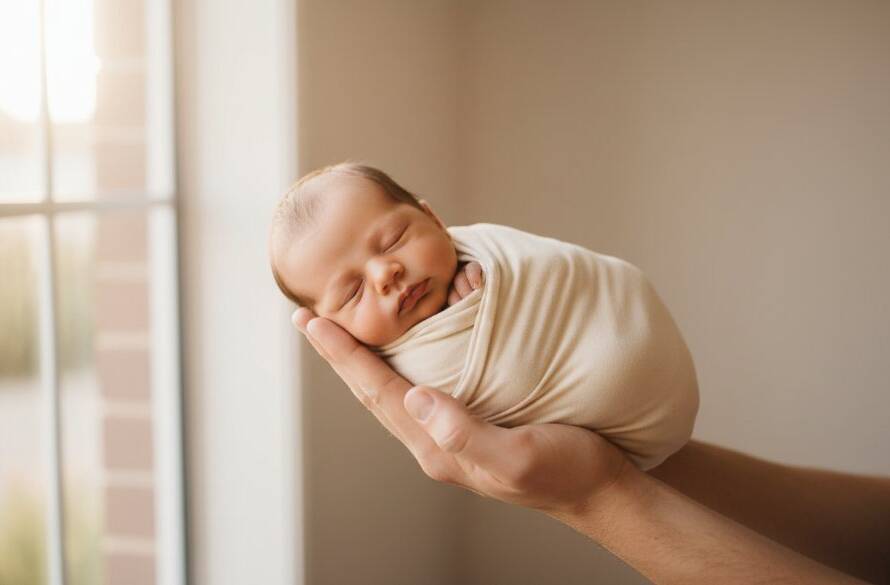An angelic newborn baby, gently swaddled in soft cream fabric, held safely in their parent's hands, bathed in a warm, ethereal glow from a window in Bulleen, showcasing Bulleen Victoria gentle newborn photography with profound emotion and intimacy.