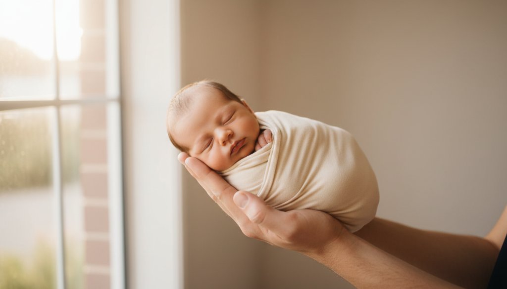 An angelic newborn baby, gently swaddled in soft cream fabric, held safely in their parent's hands, bathed in a warm, ethereal glow from a window in Bulleen, showcasing Bulleen Victoria gentle newborn photography with profound emotion and intimacy.
