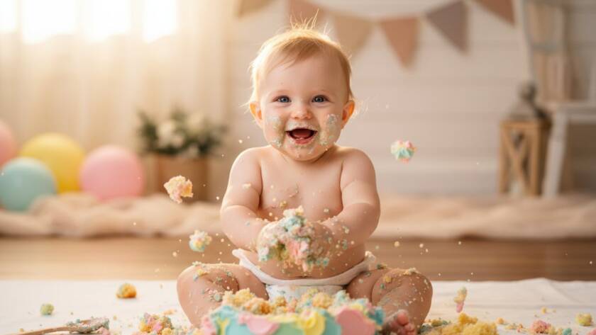A joyous first birthday cake smash moment in Bulleen Victoria, capturing a baby's ecstatic expression, covered in cake, with soft, warm studio lighting and confetti around, depicting pure delight.