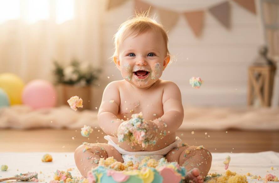 A joyous first birthday cake smash moment in Bulleen Victoria, capturing a baby's ecstatic expression, covered in cake, with soft, warm studio lighting and confetti around, depicting pure delight.