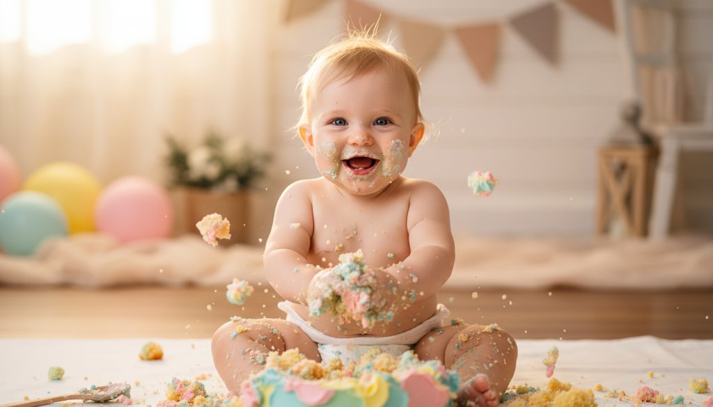 A joyous first birthday cake smash moment in Bulleen Victoria, capturing a baby's ecstatic expression, covered in cake, with soft, warm studio lighting and confetti around, depicting pure delight.