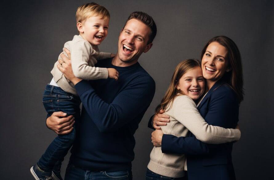 A vibrant family portrait captured through professional studio photography in Bulleen Victoria, showcasing joyous laughter and genuine connection, perfectly embodying lasting memories in a cinematic style.