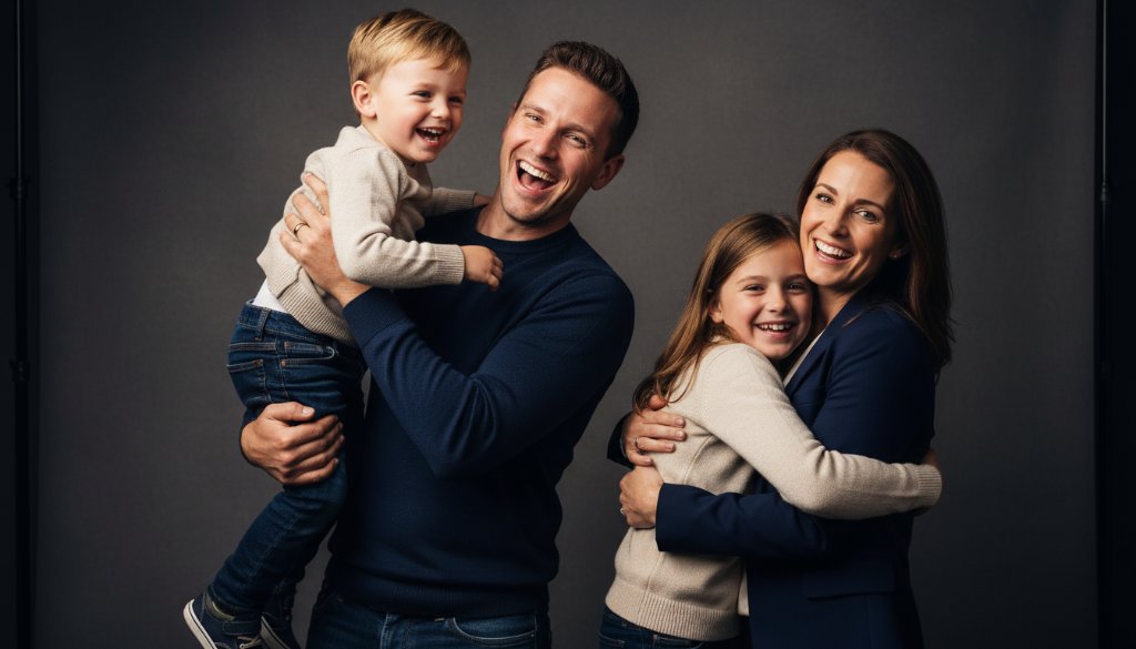 A vibrant family portrait captured through professional studio photography in Bulleen Victoria, showcasing joyous laughter and genuine connection, perfectly embodying lasting memories in a cinematic style.