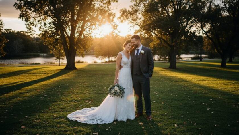 A newlywed couple embracing amidst golden hour light in a beautiful park setting in Bulleen, Victoria, capturing Bulleen Victoria wedding photography romantic outdoor portraits with a romantic, cinematic feel.