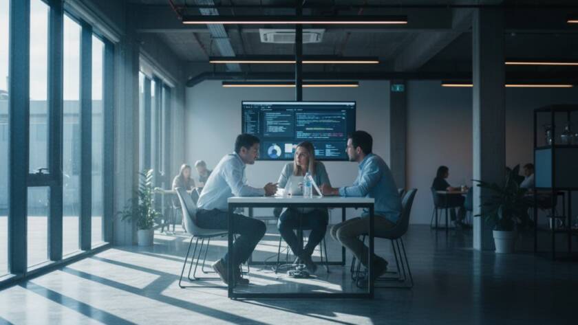 Dynamic wide shot showcasing professional Bulleen Victorian business photography elevating brand through a creative team meeting in a modern, light-filled office space in Bulleen, Victoria, with dramatic natural light, captured with a shallow depth of field, conveying innovation and collaboration.