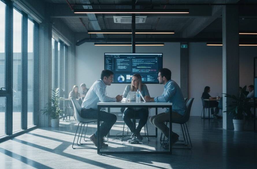 Dynamic wide shot showcasing professional Bulleen Victorian business photography elevating brand through a creative team meeting in a modern, light-filled office space in Bulleen, Victoria, with dramatic natural light, captured with a shallow depth of field, conveying innovation and collaboration.