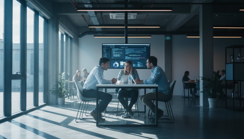 Dynamic wide shot showcasing professional Bulleen Victorian business photography elevating brand through a creative team meeting in a modern, light-filled office space in Bulleen, Victoria, with dramatic natural light, captured with a shallow depth of field, conveying innovation and collaboration.