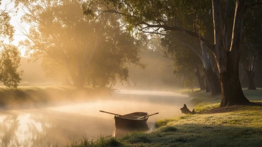 A dramatic and serene image showcasing Bulleen Victorian fine art landscape photography, featuring the Yarra River at dawn with mist rising, golden light illuminating ancient gum trees, and a lone figure in silhouette, captured with professional color grading and a cinematic wide-angle lens.