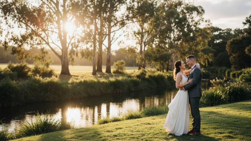 A stunning, golden hour Bulleen Wedding Photography Yarra River Elegance shot of a couple embracing by the Yarra, light filtering through eucalyptus trees, capturing an epic, romantic moment.