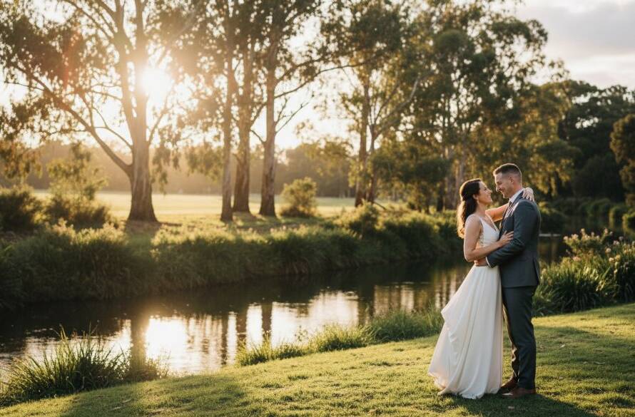 A stunning, golden hour Bulleen Wedding Photography Yarra River Elegance shot of a couple embracing by the Yarra, light filtering through eucalyptus trees, capturing an epic, romantic moment.