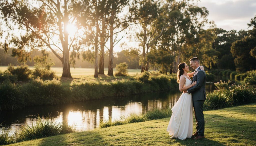 A stunning, golden hour Bulleen Wedding Photography Yarra River Elegance shot of a couple embracing by the Yarra, light filtering through eucalyptus trees, capturing an epic, romantic moment.