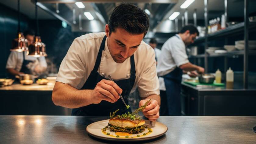 Dynamic wide shot of a chef meticulously plating a gourmet dish in a modern Bulleen restaurant kitchen, illuminated by dramatic backlighting, showcasing Bulleen's best local food photography potential.
