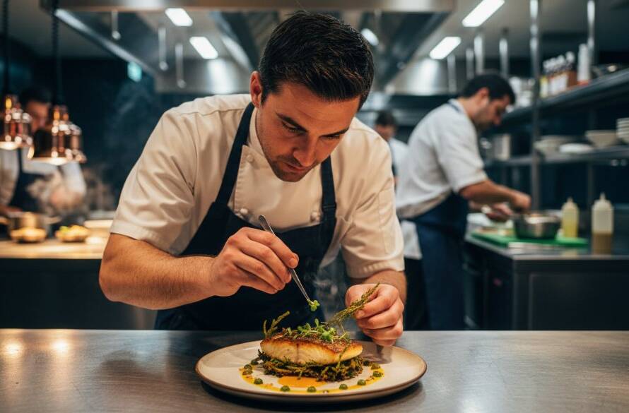 Dynamic wide shot of a chef meticulously plating a gourmet dish in a modern Bulleen restaurant kitchen, illuminated by dramatic backlighting, showcasing Bulleen's best local food photography potential.
