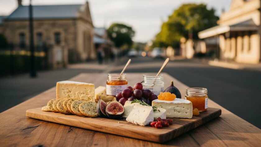 An epic moment of a vibrant, high-quality advertisement product photo featuring locally sourced produce from Buninyong, dramatically lit to showcase texture and freshness, expertly captured for Buninyong advertising photography that captivates Victorian audiences, against a rustic heritage building backdrop in Buninyong, Victoria.