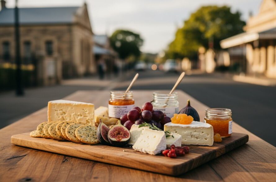 An epic moment of a vibrant, high-quality advertisement product photo featuring locally sourced produce from Buninyong, dramatically lit to showcase texture and freshness, expertly captured for Buninyong advertising photography that captivates Victorian audiences, against a rustic heritage building backdrop in Buninyong, Victoria.