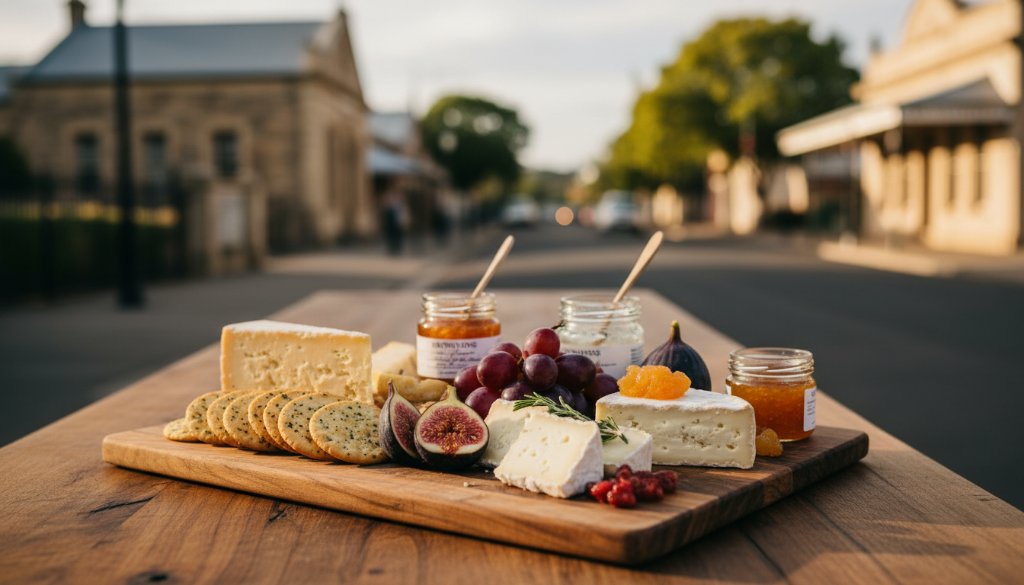 An epic moment of a vibrant, high-quality advertisement product photo featuring locally sourced produce from Buninyong, dramatically lit to showcase texture and freshness, expertly captured for Buninyong advertising photography that captivates Victorian audiences, against a rustic heritage building backdrop in Buninyong, Victoria.
