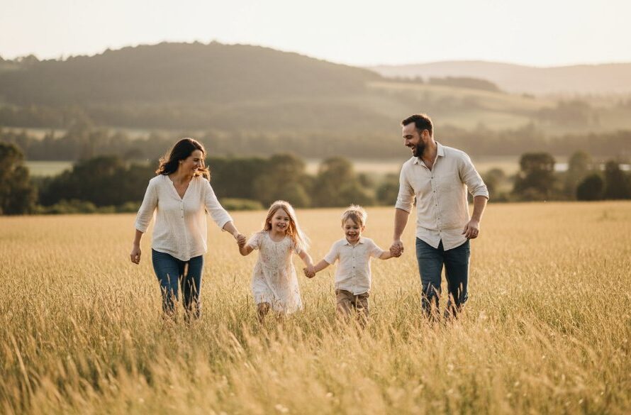 An emotional wide shot capturing the Buninyong candid family photography joy as parents embrace their laughing children in a sun-drenched field near the Buninyong Botanical Gardens, golden hour light, genuine connection.