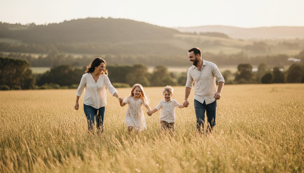An emotional wide shot capturing the Buninyong candid family photography joy as parents embrace their laughing children in a sun-drenched field near the Buninyong Botanical Gardens, golden hour light, genuine connection.