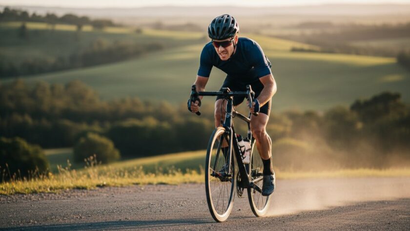 A professional photograph capturing the peak intensity of a cyclist climbing Mount Buninyong during a race, demonstrating Buninyong cycling event photography excellence with dramatic lighting and dynamic composition.