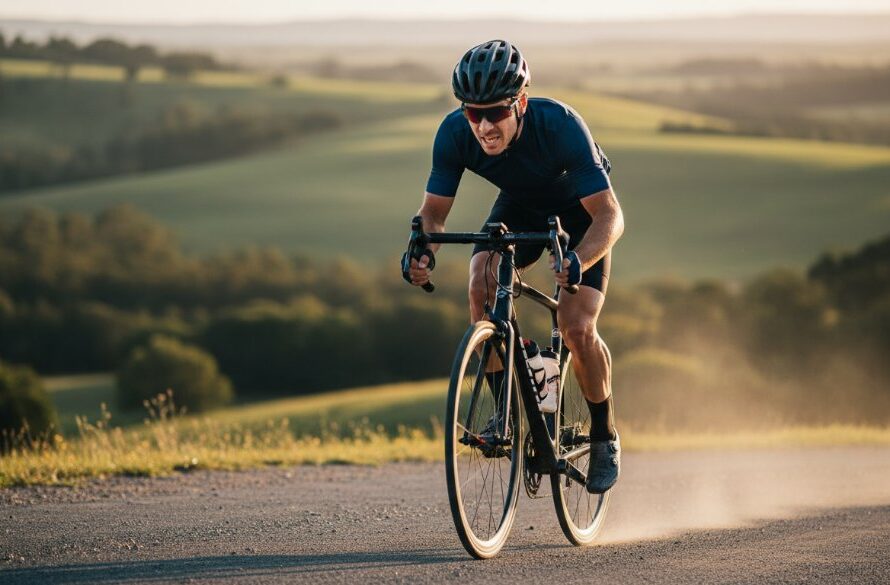 A professional photograph capturing the peak intensity of a cyclist climbing Mount Buninyong during a race, demonstrating Buninyong cycling event photography excellence with dramatic lighting and dynamic composition.