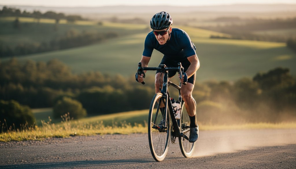 A professional photograph capturing the peak intensity of a cyclist climbing Mount Buninyong during a race, demonstrating Buninyong cycling event photography excellence with dramatic lighting and dynamic composition.