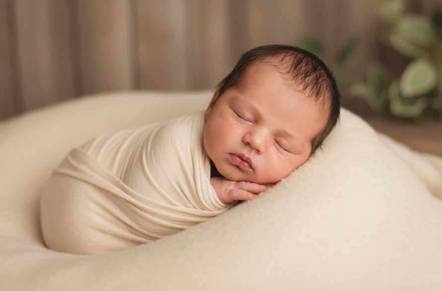 A serene Buninyong delicate newborn baby photography shot, featuring a sleeping baby swaddled in soft white fabric, bathed in warm, ethereal window light, with a hint of Buninyong's natural, rustic charm in the bokeh background, creating an epic, timeless portrait.