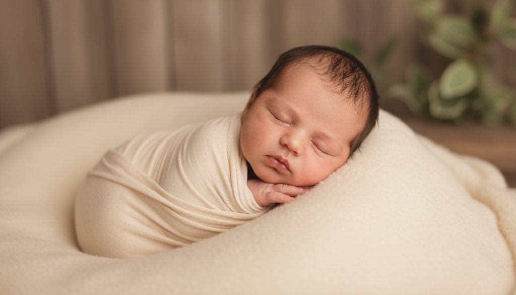 A serene Buninyong delicate newborn baby photography shot, featuring a sleeping baby swaddled in soft white fabric, bathed in warm, ethereal window light, with a hint of Buninyong's natural, rustic charm in the bokeh background, creating an epic, timeless portrait.