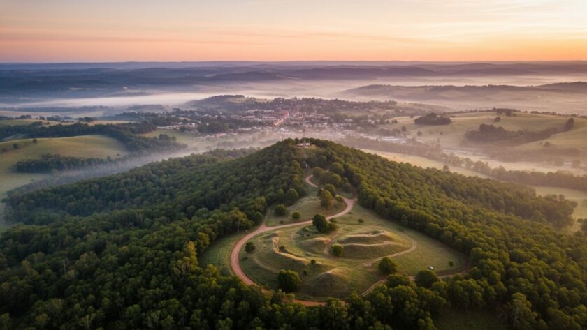 An awe-inspiring aerial view captured by Buninyong drone photography stunning Victorian vistas, showing the historic Buninyong Township nestled amongst rolling green hills at sunrise, with golden light illuminating the iconic Buninyong Gold Diggings.