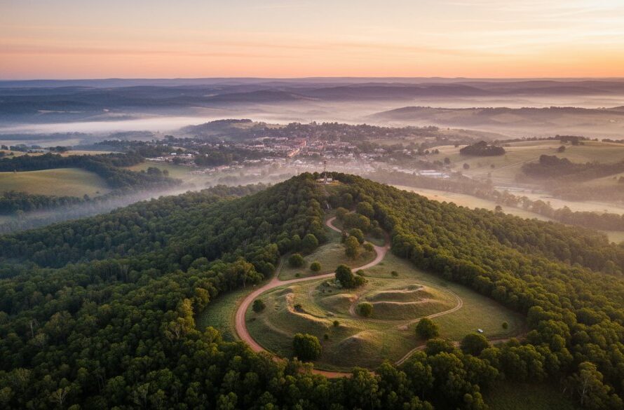 An awe-inspiring aerial view captured by Buninyong drone photography stunning Victorian vistas, showing the historic Buninyong Township nestled amongst rolling green hills at sunrise, with golden light illuminating the iconic Buninyong Gold Diggings.