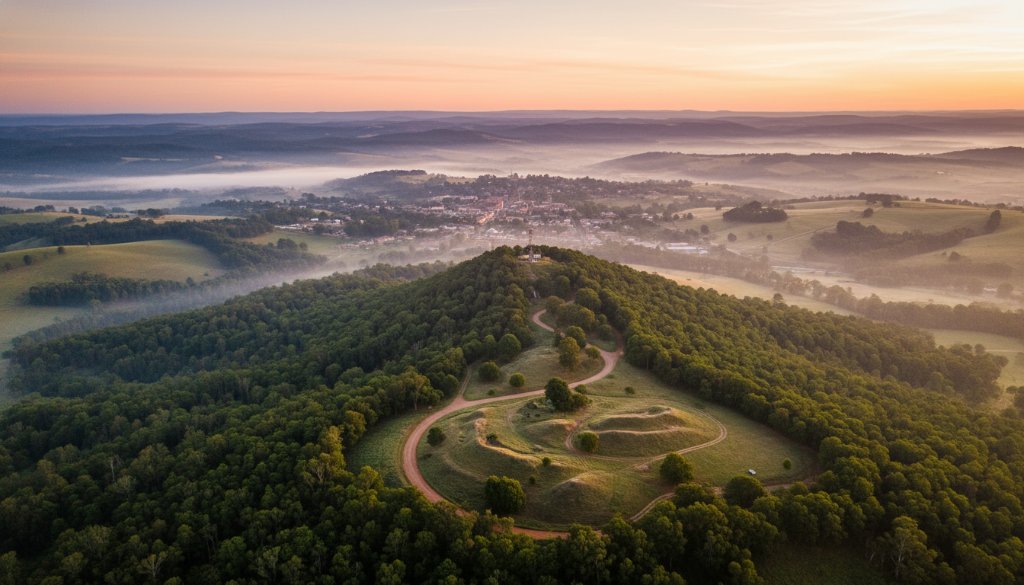 An awe-inspiring aerial view captured by Buninyong drone photography stunning Victorian vistas, showing the historic Buninyong Township nestled amongst rolling green hills at sunrise, with golden light illuminating the iconic Buninyong Gold Diggings.