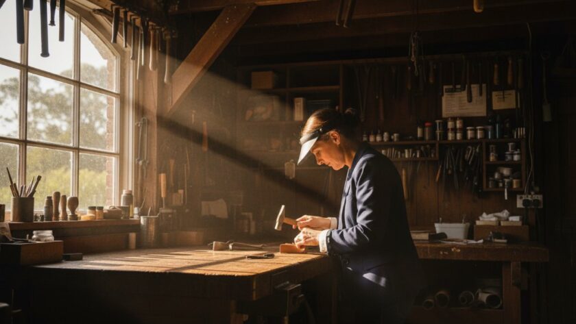 An epic moment in Buninyong editorial photography storytelling, capturing a local artisan's intense focus as dramatic light streams through a workshop window, showcasing their craft with cinematic quality.