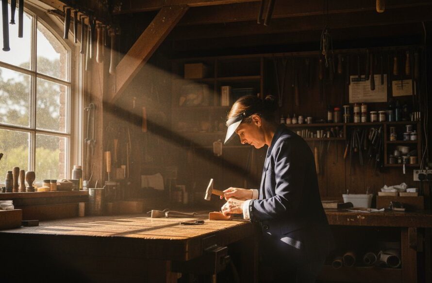 An epic moment in Buninyong editorial photography storytelling, capturing a local artisan's intense focus as dramatic light streams through a workshop window, showcasing their craft with cinematic quality.