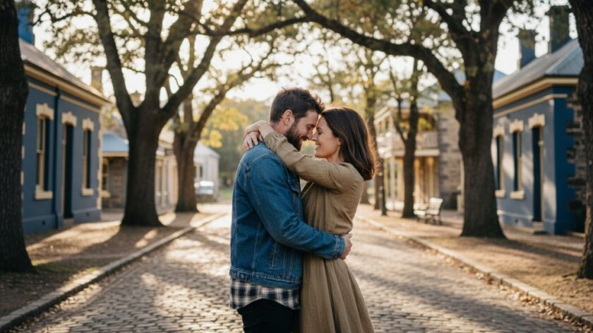 An emotional, cinematic portrait of a couple embracing amidst the golden afternoon light of a Buninyong heritage garden, capturing their Buninyong engagement photography rustic charm with dramatic flair.