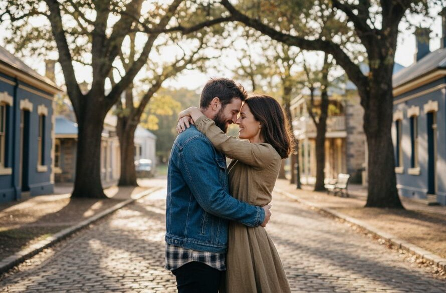 An emotional, cinematic portrait of a couple embracing amidst the golden afternoon light of a Buninyong heritage garden, capturing their Buninyong engagement photography rustic charm with dramatic flair.