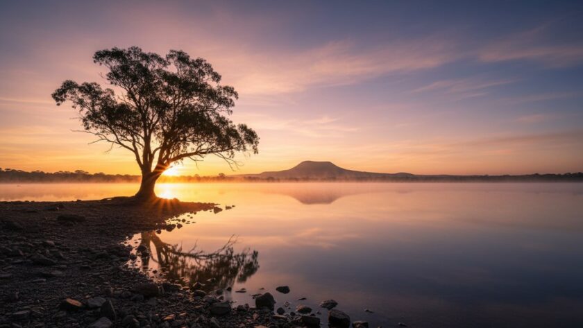 A dramatic sunrise over Lake Buninyong, capturing the essence of Buninyong fine art landscape photography Victoria, with golden light illuminating ancient gum trees and a mist rising from the water, evoking a timeless, serene atmosphere.