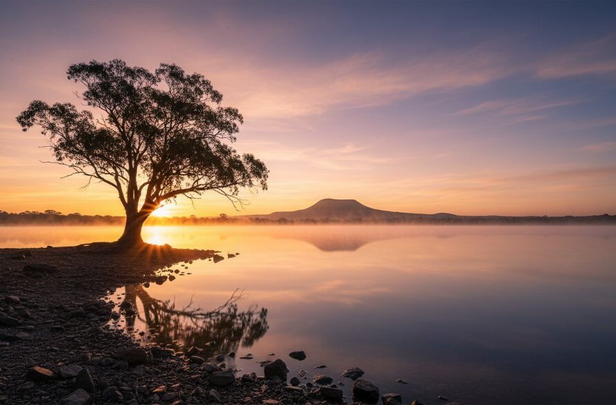 A dramatic sunrise over Lake Buninyong, capturing the essence of Buninyong fine art landscape photography Victoria, with golden light illuminating ancient gum trees and a mist rising from the water, evoking a timeless, serene atmosphere.