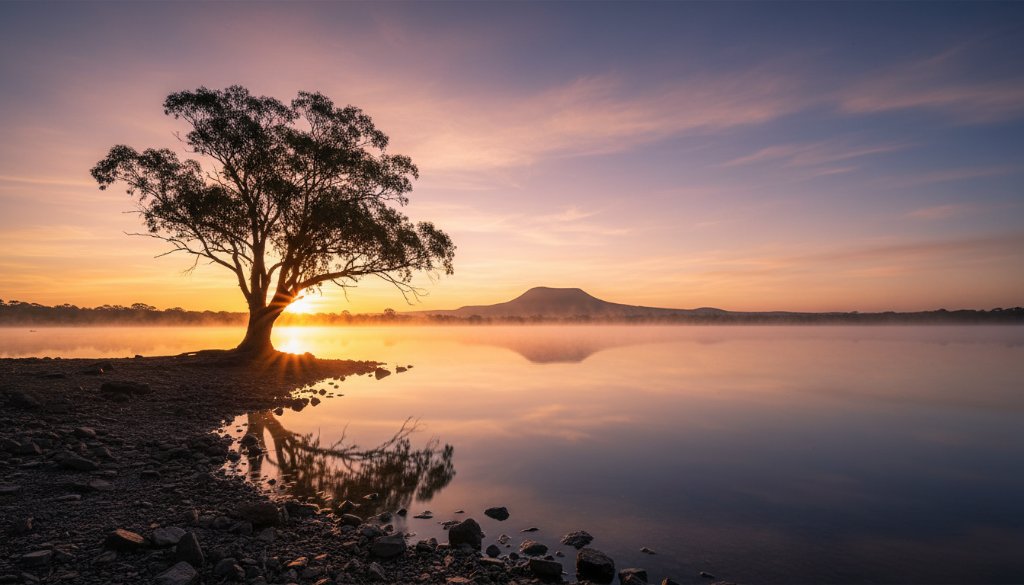 A dramatic sunrise over Lake Buninyong, capturing the essence of Buninyong fine art landscape photography Victoria, with golden light illuminating ancient gum trees and a mist rising from the water, evoking a timeless, serene atmosphere.