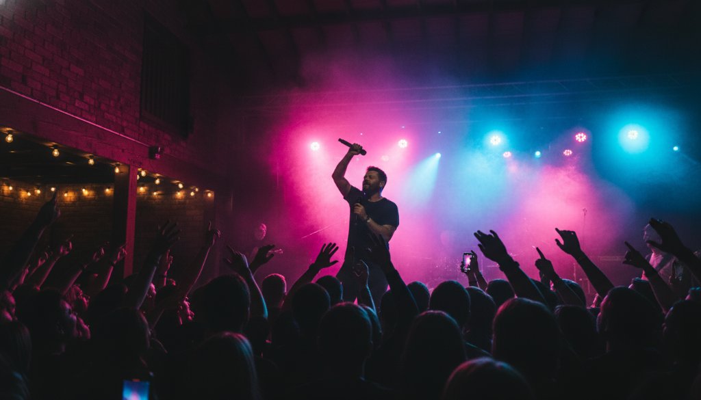 Dynamic close-up shot of a lead guitarist mid-shred at a Buninyong live music photography vibrant local acts concert, bathed in dramatic stage lights, capturing intense emotion and energy.
